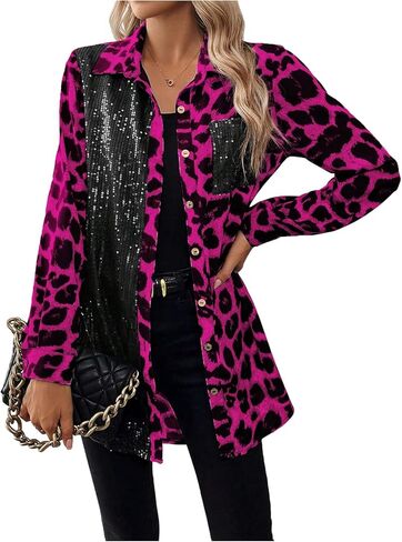 SOLY HUX Women's Leopard Print Sequin Shirt Button Down Long Sleeve Collared Y2k Blouse Tops in Saudi Arabia