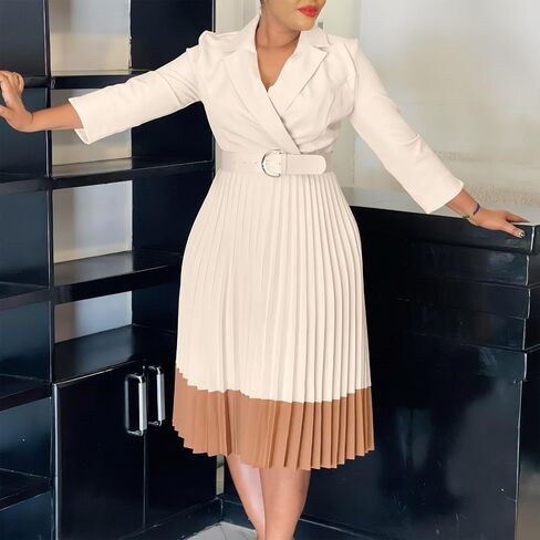 Women's Spring Suit Collar Fashionable Color Blocking Elegant Pleated high Waisted Dress in Saudi Arabia