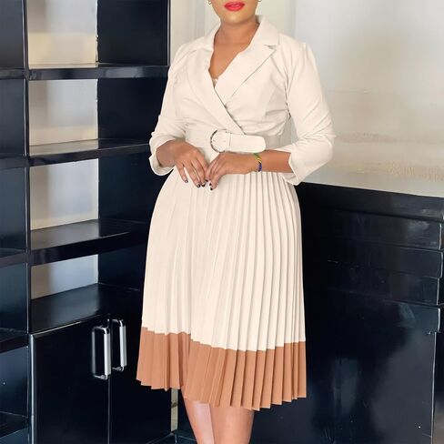 Women's Spring Suit Collar Fashionable Color Blocking Elegant Pleated high Waisted Dress in Saudi Arabia
