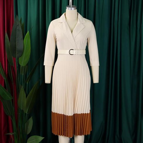 Women's Spring Suit Collar Fashionable Color Blocking Elegant Pleated high Waisted Dress in Saudi Arabia