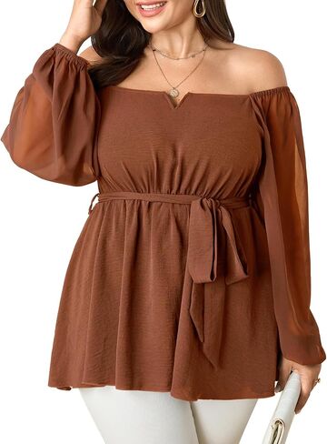 بلوزة نسائية SCOMCHIC بمقاس كبير من Peplum بأكمام طويلة ورقبة مربعة وبلوزة بحاشية مكشكشة وربطة خصر بيبي دول in Saudi Arabia