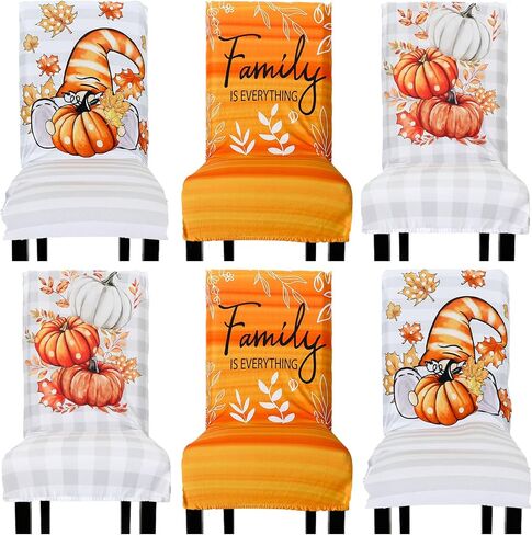6Pcs Fall Chair Cover Pumpkin Gnome Leaves Dining Chair Stretch Slipcover Removable Seat Cover for Autumn Harvest Thanksgiving Kitchen Home Hotel Restaurant in Saudi Arabia