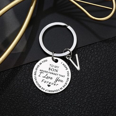 Inspirational Gift for Son from Mom Dad, Silver Stainless Steel initial Keychain Gift for Graduation Birthday Christmas in Saudi Arabia