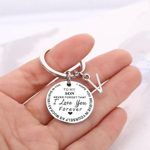 Inspirational Gift for Son from Mom Dad, Silver Stainless Steel initial Keychain Gift for Graduation Birthday Christmas in Saudi Arabia