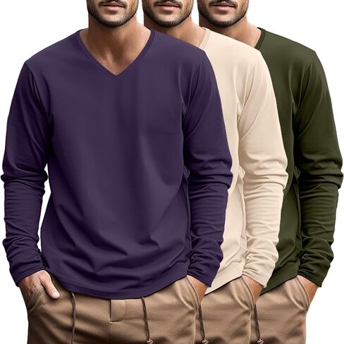 Ficerd 3 Pack Big and Tall Shirts for Men V Neck Cotton Long Sleeve Tee L-7XL Casual Loose Tops Oversized Basic T Shirts in Kuwait