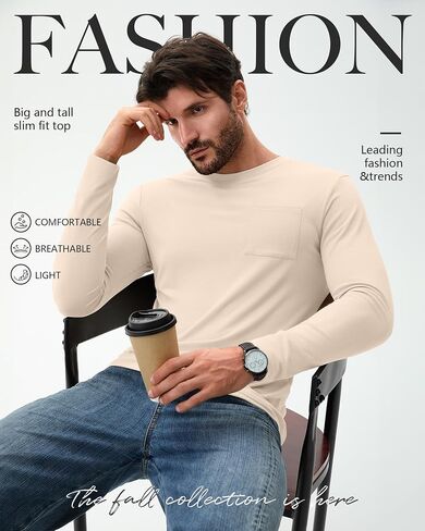 3 Pack Men's Big and Tall Long Sleeve Shirts, Crew Neck Slim Fit Pocket T Shirts Casual Basic Athletic Tops in Saudi Arabia
