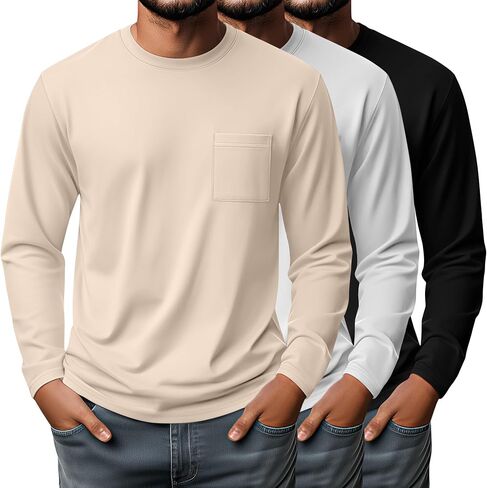 3 Pack Men's Big and Tall Long Sleeve Shirts, Crew Neck Slim Fit Pocket T Shirts Casual Basic Athletic Tops in Saudi Arabia