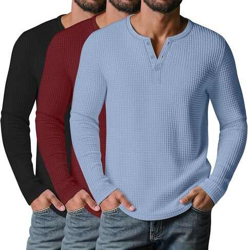 3 قطع من قمصان Waffle Henley للرجال، قمصان قطنية بأكمام طويلة وأزرار، تي شيرتات كاجوال خفيفة الوزن ومتماسكة in Kuwait