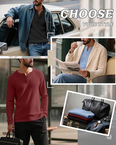 3 قطع من قمصان Waffle Henley للرجال، قمصان قطنية بأكمام طويلة وأزرار، تي شيرتات كاجوال خفيفة الوزن ومتماسكة in Kuwait