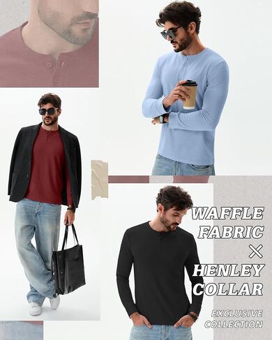 3 قطع من قمصان Waffle Henley للرجال، قمصان قطنية بأكمام طويلة وأزرار، تي شيرتات كاجوال خفيفة الوزن ومتماسكة in Kuwait