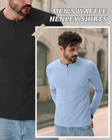 3 قطع من قمصان Waffle Henley للرجال، قمصان قطنية بأكمام طويلة وأزرار، تي شيرتات كاجوال خفيفة الوزن ومتماسكة in Kuwait