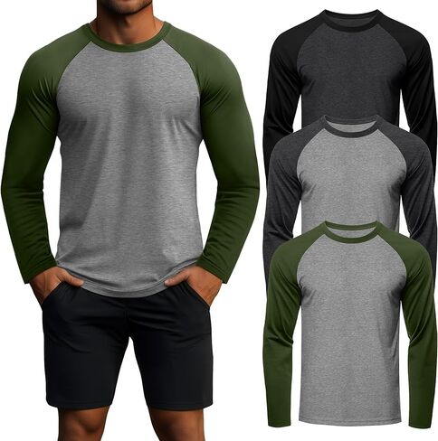 Huukeay 3 Pack Men's Long Sleeve Baseball Shirts, Crew Neck Raglan Cotton Blend Casual Vintage Jersey Sport Tee Tops in Saudi Arabia