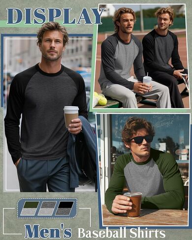 Huukeay 3 Pack Men's Long Sleeve Baseball Shirts, Crew Neck Raglan Cotton Blend Casual Vintage Jersey Sport Tee Tops in Saudi Arabia