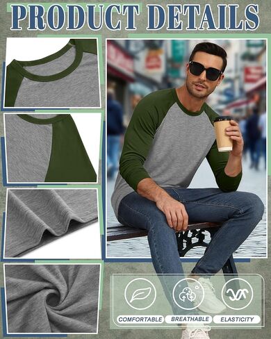 Huukeay 3 Pack Men's Long Sleeve Baseball Shirts, Crew Neck Raglan Cotton Blend Casual Vintage Jersey Sport Tee Tops in Saudi Arabia