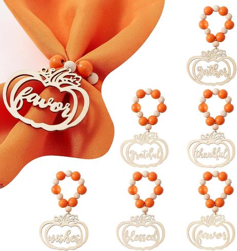 Fall Thanksgiving Napkin Rings Set of 12, Pumpkin Thankful Wooden Bead Napkin Rings for Fall Thanksgiving Decorations, Fall Thanksgiving Napkin Holder for Table Decor Dinnerware Sets, Wedding, Holiday in Saudi Arabia