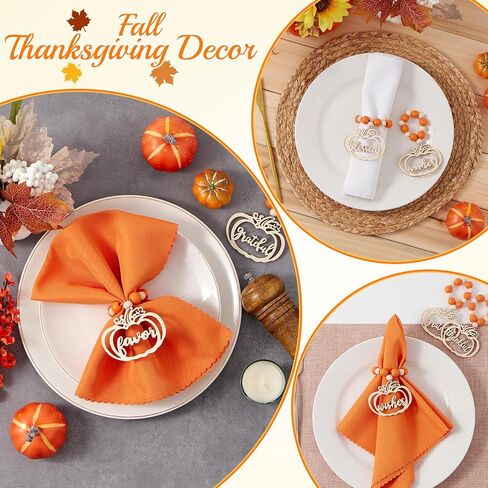 Fall Thanksgiving Napkin Rings Set of 12, Pumpkin Thankful Wooden Bead Napkin Rings for Fall Thanksgiving Decorations, Fall Thanksgiving Napkin Holder for Table Decor Dinnerware Sets, Wedding, Holiday in Saudi Arabia