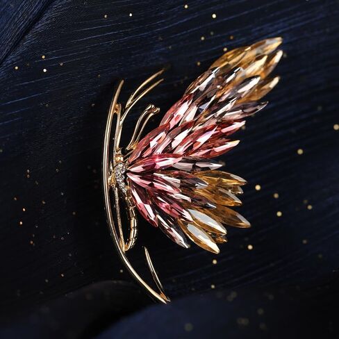14K Gold Chic Butterfly Brooch with Gradient Red/Purple/Blue Crystal Highlights, Embodying Graceful Wing Movements, Sophisticated Pin for Women's Blazers and Overcoats in Saudi Arabia