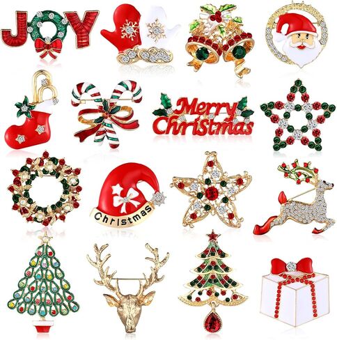 Sasylvia 16 Pcs Women Brooch Set Christmas Brooches Pins Xmas Rhinestone Crystal Vintage Santa Pins Bulk for Women(Classic) in Saudi Arabia