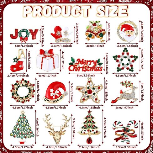 Sasylvia 16 Pcs Women Brooch Set Christmas Brooches Pins Xmas Rhinestone Crystal Vintage Santa Pins Bulk for Women(Classic) in Saudi Arabia