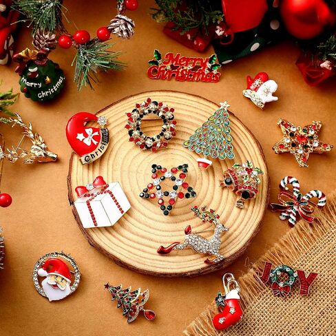 Sasylvia 16 Pcs Women Brooch Set Christmas Brooches Pins Xmas Rhinestone Crystal Vintage Santa Pins Bulk for Women(Classic) in Saudi Arabia