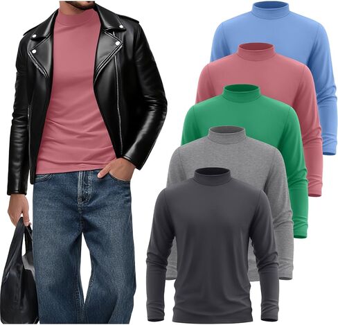 5 Pack Men's Mock Neck Shirts Turtleneck Long Sleeve Tops Pullover Basic Casual Slim Fit T-Shirts Multipack in Saudi Arabia