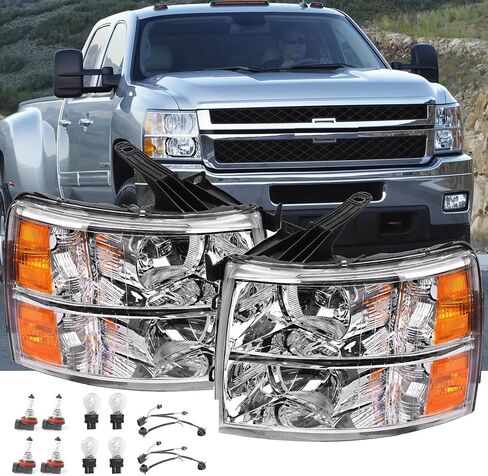 2PCS Headlights Assembly W/Bulbs and Harness For 2007-2013 Chevy Silverado 1500/2007-2014 Silverado 2500 3500 & HD Models Chrome Housing Amber Reflector Replacment Headlamp in Saudi Arabia