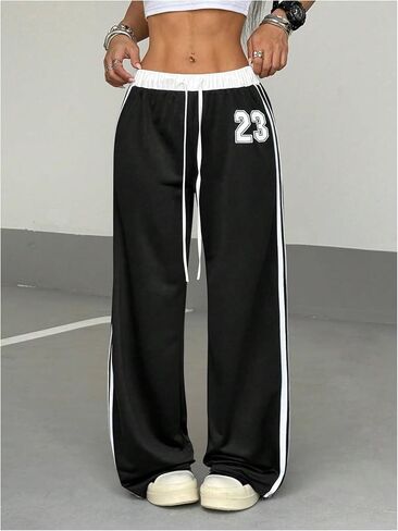 GORGLITTER Women's Striped Side Baggy Sweatpants Number Graphic Wide Leg Track Pants in Kuwait