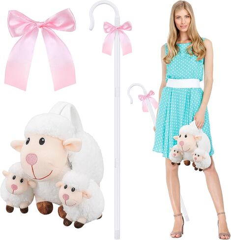Halloween Shepherdess Costume Accessories 43" Shepherds Hook Staff Little Sheep Handbag Purse and Pink Ribbon for Woman Halloween Cosplay Costume in Saudi Arabia