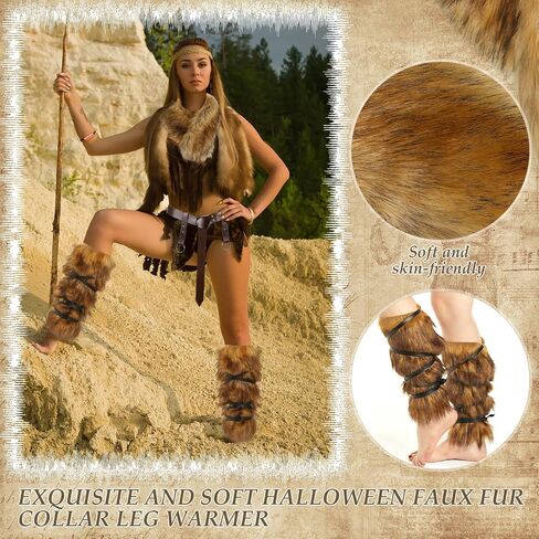 JenPen 3 Pcs Halloween Viking Costume Set Viking Cross Belt Fur Collar Fur Boots Covers Women Medieval Accessories for Halloween Party in Saudi Arabia