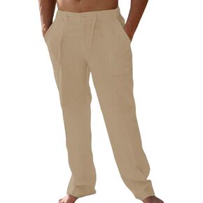 سروال كتان كاجوال للرجال من WATERWANG، سروال صيفي من القطن للشاطئ خفيف الوزن، فضفاض برباط مع جيوب in Kuwait