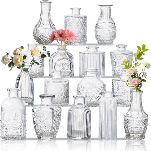 Glass Bud Vase Set of 16, Small Flower Vases, Glass Vases for Centerpieces, Vintage Home Table Decorations Bud Vases (16 Pcs, Clear) in Kuwait