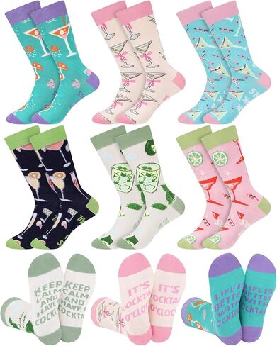 6 Pairs Drink & Alcohol Theme Crew Socks for Women Funny Coffee Cocktail Wine Tea Novelty Gift Socks for Xmas in Saudi Arabia
