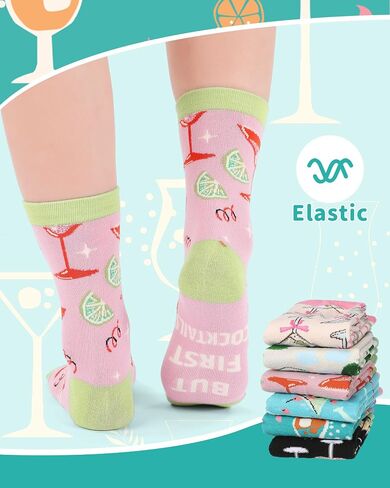 6 Pairs Drink & Alcohol Theme Crew Socks for Women Funny Coffee Cocktail Wine Tea Novelty Gift Socks for Xmas in Saudi Arabia