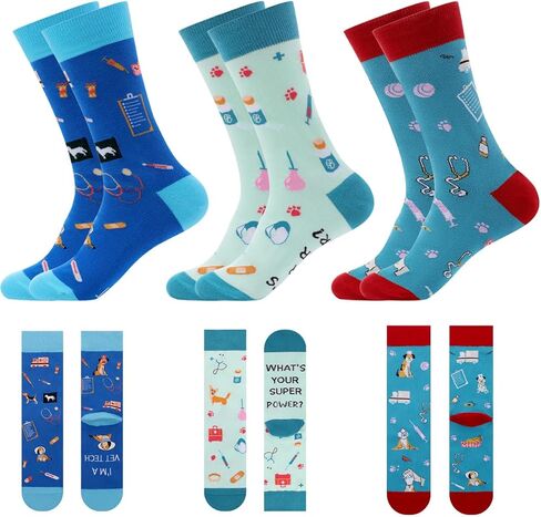 3 Pairs Vet Tech Socks Gifts for Women Men, Veterinary Technician Week Gift, Cute Print, Cotton Blend in Saudi Arabia