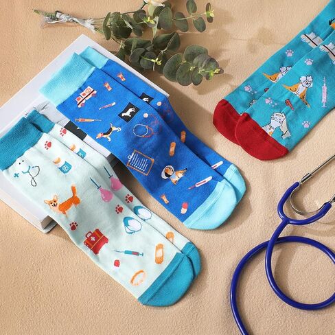 3 Pairs Vet Tech Socks Gifts for Women Men, Veterinary Technician Week Gift, Cute Print, Cotton Blend in Saudi Arabia