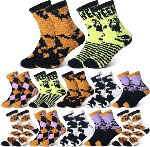 12 Pairs Halloween Fuzzy Socks Fluffy Cozy Pumpkin Ghost Bat Spooky Socks for Men Women Happy Halloween Party Favors Accessories Basket Stuffers Gift Decor in Saudi Arabia