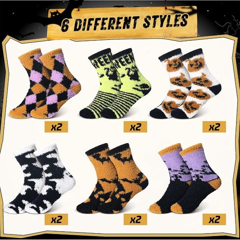 12 Pairs Halloween Fuzzy Socks Fluffy Cozy Pumpkin Ghost Bat Spooky Socks for Men Women Happy Halloween Party Favors Accessories Basket Stuffers Gift Decor in Saudi Arabia