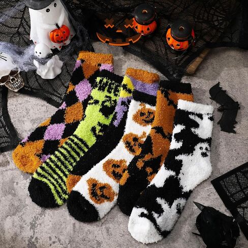 12 Pairs Halloween Fuzzy Socks Fluffy Cozy Pumpkin Ghost Bat Spooky Socks for Men Women Happy Halloween Party Favors Accessories Basket Stuffers Gift Decor in Saudi Arabia