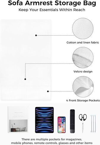 مسند ذراع للأريكة منظم بجانب السرير، حامل أريكة أبيض غير قابل للانزلاق للتحكم عن بعد للكرسي، حامل كرسي بذراع أبيض نقي مع جيب للمجلة والهاتف، 19.7 بوصة × 35 بوصة in Kuwait