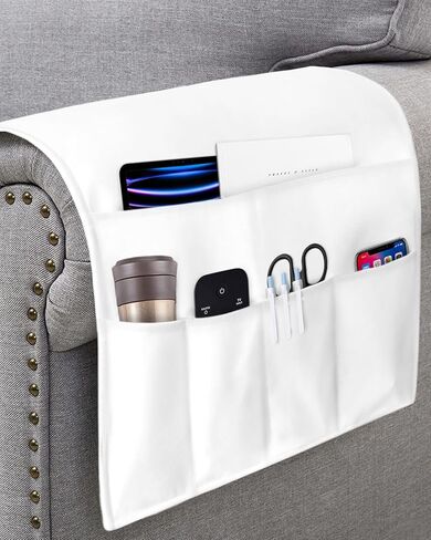 مسند ذراع للأريكة منظم بجانب السرير، حامل أريكة أبيض غير قابل للانزلاق للتحكم عن بعد للكرسي، حامل كرسي بذراع أبيض نقي مع جيب للمجلة والهاتف، 19.7 بوصة × 35 بوصة in Kuwait