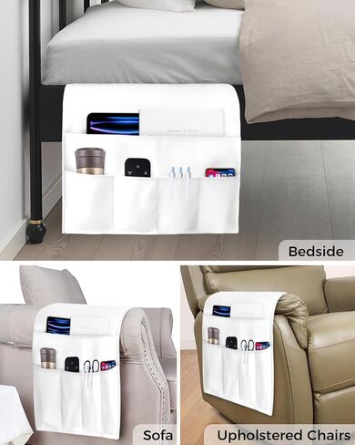 مسند ذراع للأريكة منظم بجانب السرير، حامل أريكة أبيض غير قابل للانزلاق للتحكم عن بعد للكرسي، حامل كرسي بذراع أبيض نقي مع جيب للمجلة والهاتف، 19.7 بوصة × 35 بوصة in Kuwait