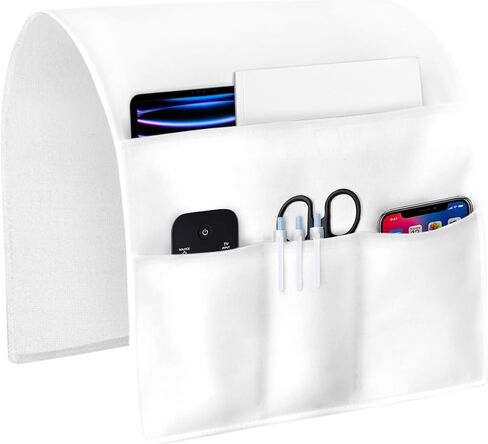 Sofa Armrest Organizer Bedside Caddy, White Non Slip Couch Remote Control Holder for Recliner, Pure White Arm Chair Caddy with Pocket for Magazine, Phone, 19.7''x35'' in Kuwait