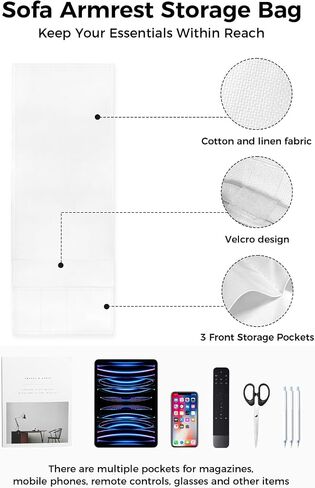 Sofa Armrest Organizer Bedside Caddy, White Non Slip Couch Remote Control Holder for Recliner, Pure White Arm Chair Caddy with Pocket for Magazine, Phone, 19.7''x35'' in Kuwait