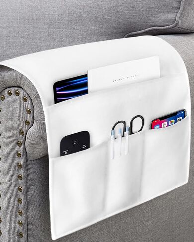Sofa Armrest Organizer Bedside Caddy, White Non Slip Couch Remote Control Holder for Recliner, Pure White Arm Chair Caddy with Pocket for Magazine, Phone, 19.7''x35'' in Kuwait