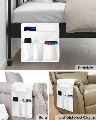 Sofa Armrest Organizer Bedside Caddy, White Non Slip Couch Remote Control Holder for Recliner, Pure White Arm Chair Caddy with Pocket for Magazine, Phone, 19.7''x35'' in Kuwait