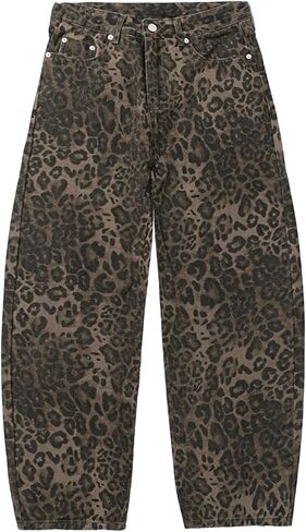 Mid Rise Leopard Print Barrel Jeans for Women Stylish Boyfriend Wide Leg Baggy Denim Pants Trendy Printed Pants in Kuwait