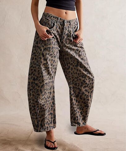 Mid Rise Leopard Print Barrel Jeans for Women Stylish Boyfriend Wide Leg Baggy Denim Pants Trendy Printed Pants in Kuwait