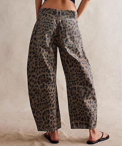 Mid Rise Leopard Print Barrel Jeans for Women Stylish Boyfriend Wide Leg Baggy Denim Pants Trendy Printed Pants in Kuwait