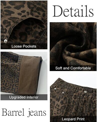 Mid Rise Leopard Print Barrel Jeans for Women Stylish Boyfriend Wide Leg Baggy Denim Pants Trendy Printed Pants in Kuwait