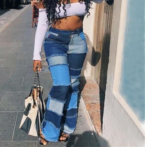 Women's Color-Block High-Waisted Jeans Casual Stitching Hip-Lifting Slim Micro Flared Streetwear Denim Pants in Saudi Arabia